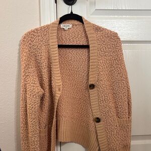 Faded Coral Bouclé Button Cardigan Sweater